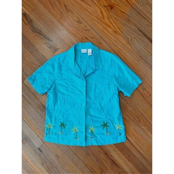 Vintage Kim Rogers Linen Blend Embroidered Palm Tree Beach Shirt Size L - Picture 1 of 8